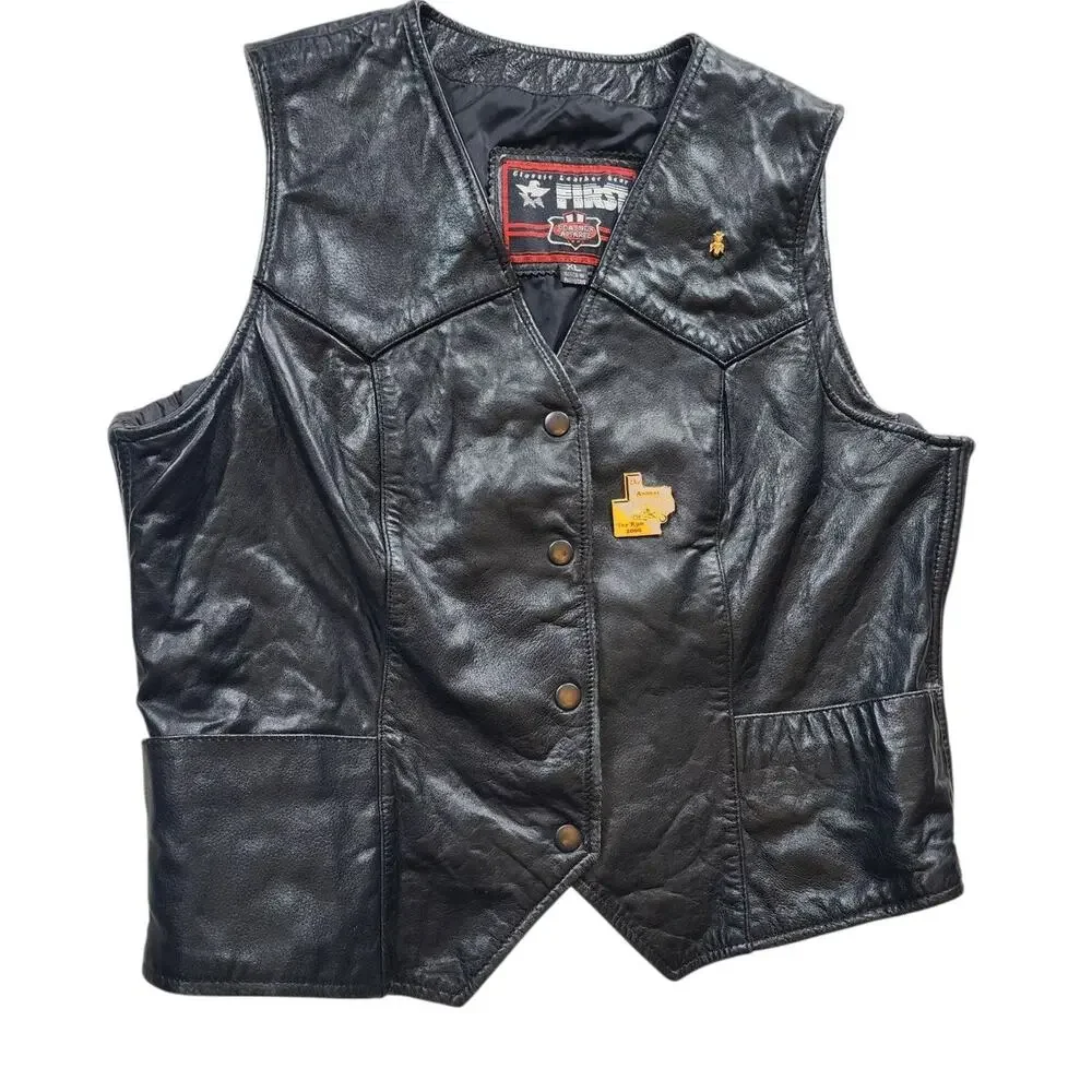 First Manufacturing Leather Vest XL Biker Motorcycle Club Riding Snap Taffeta - Picture 1 of 16